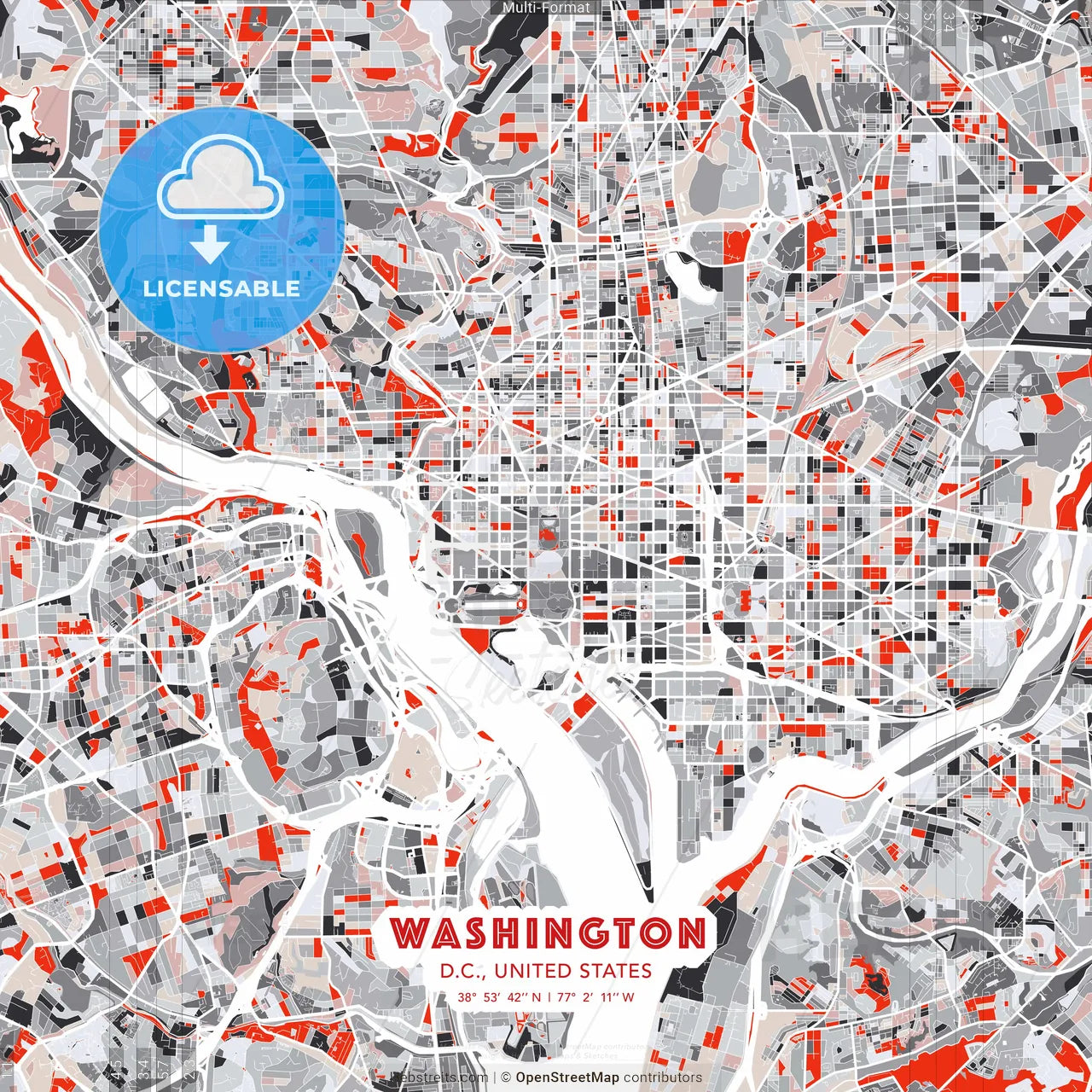 Washington, D.C., United States - modern street map poster template with gray and red tones