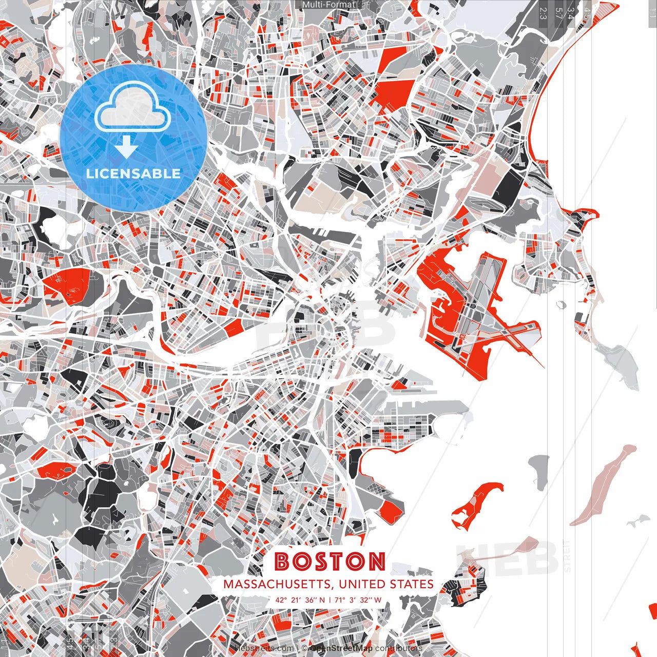 Boston, Massachusetts, United States - modern street map poster template with gray and red tones