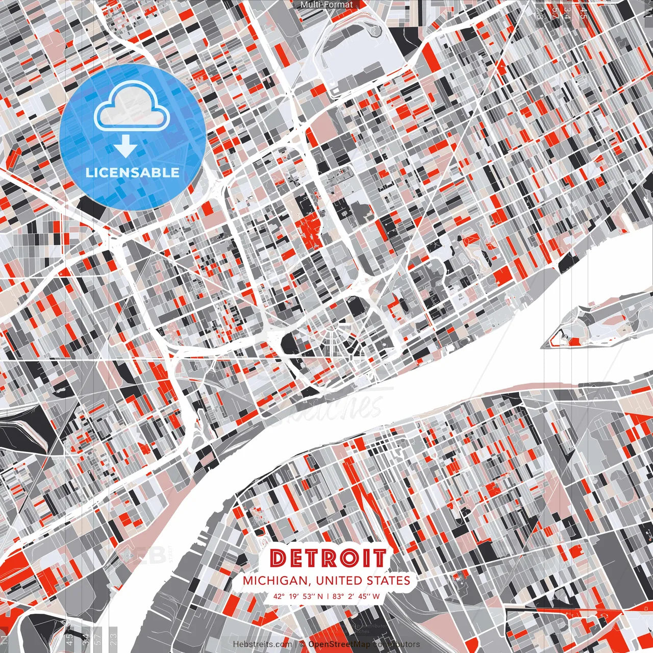 Detroit, Michigan, United States - modern street map poster template with gray and red tones