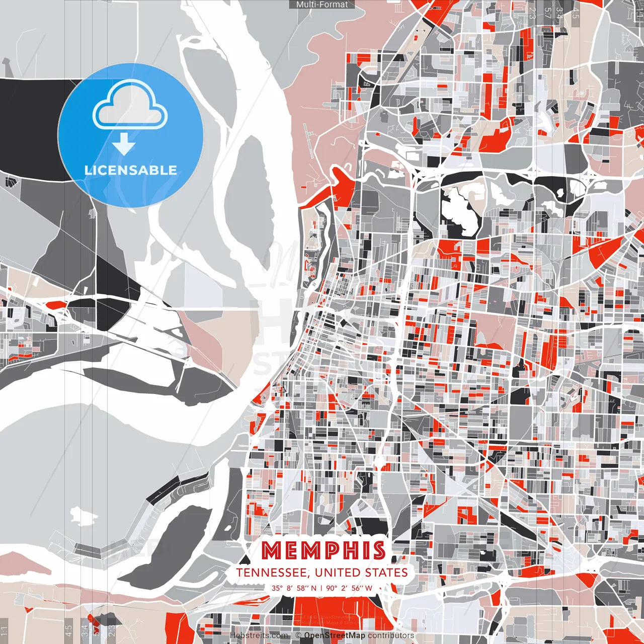 Memphis, Tennessee, United States - modern street map poster template with gray and red tones