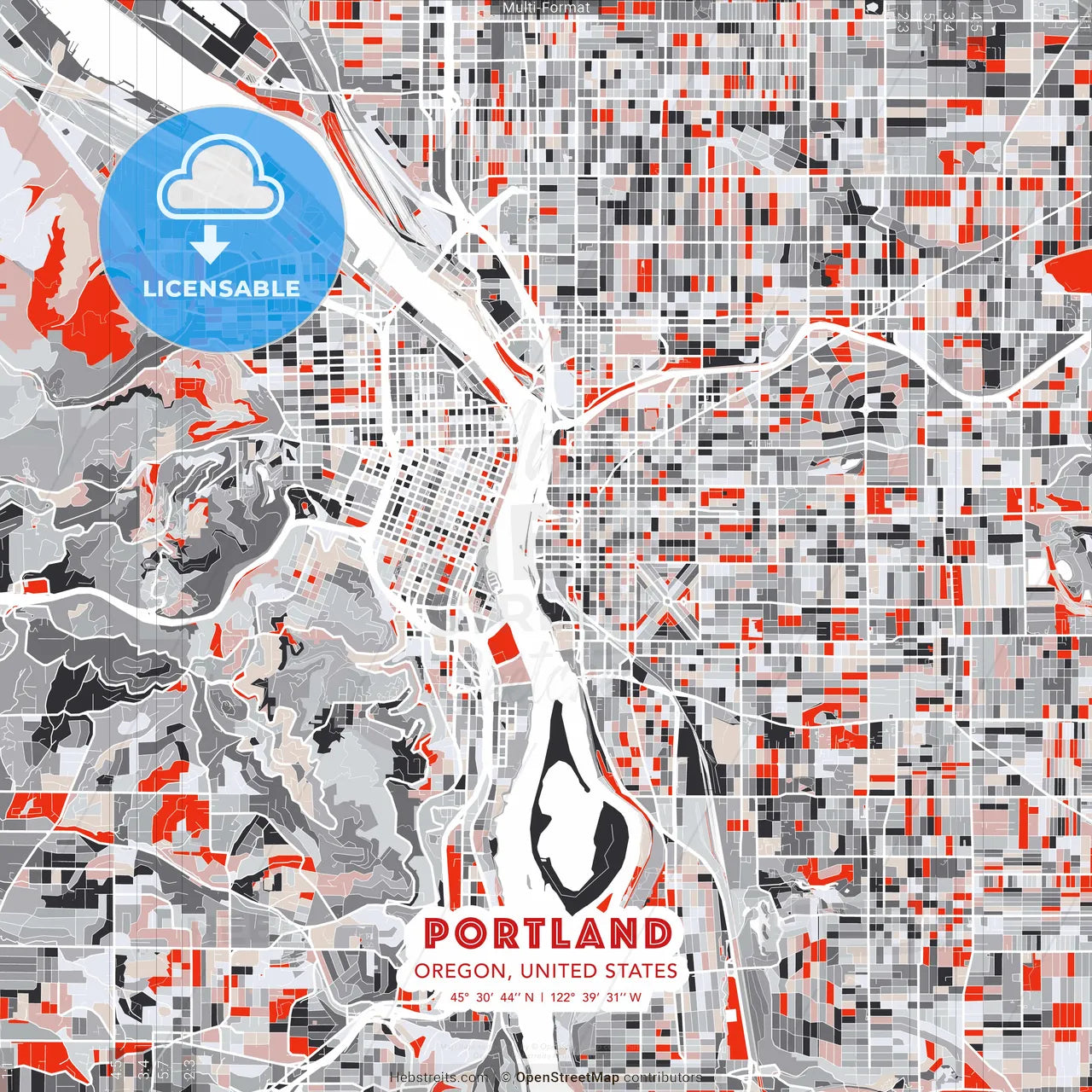 Portland, Oregon, United States - modern street map poster template with gray and red tones