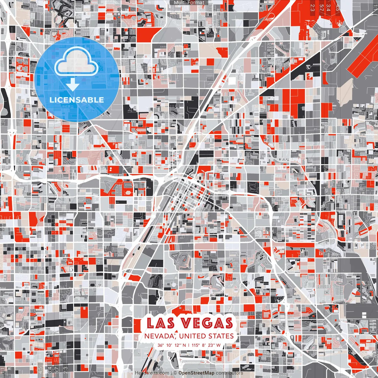Las Vegas, Nevada, United States - modern street map poster template with gray and red tones