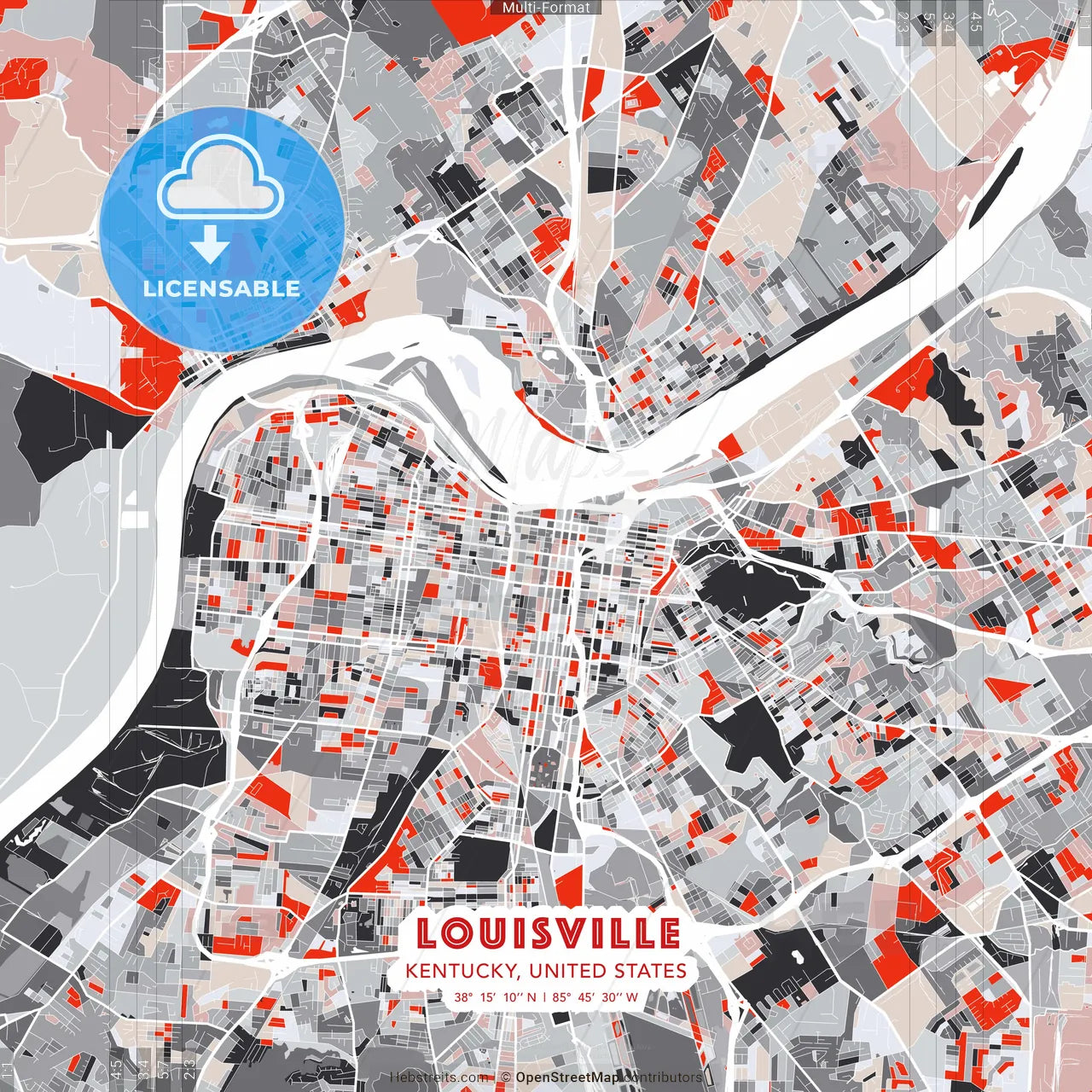 Louisville, Kentucky, United States - modern street map poster template with gray and red tones