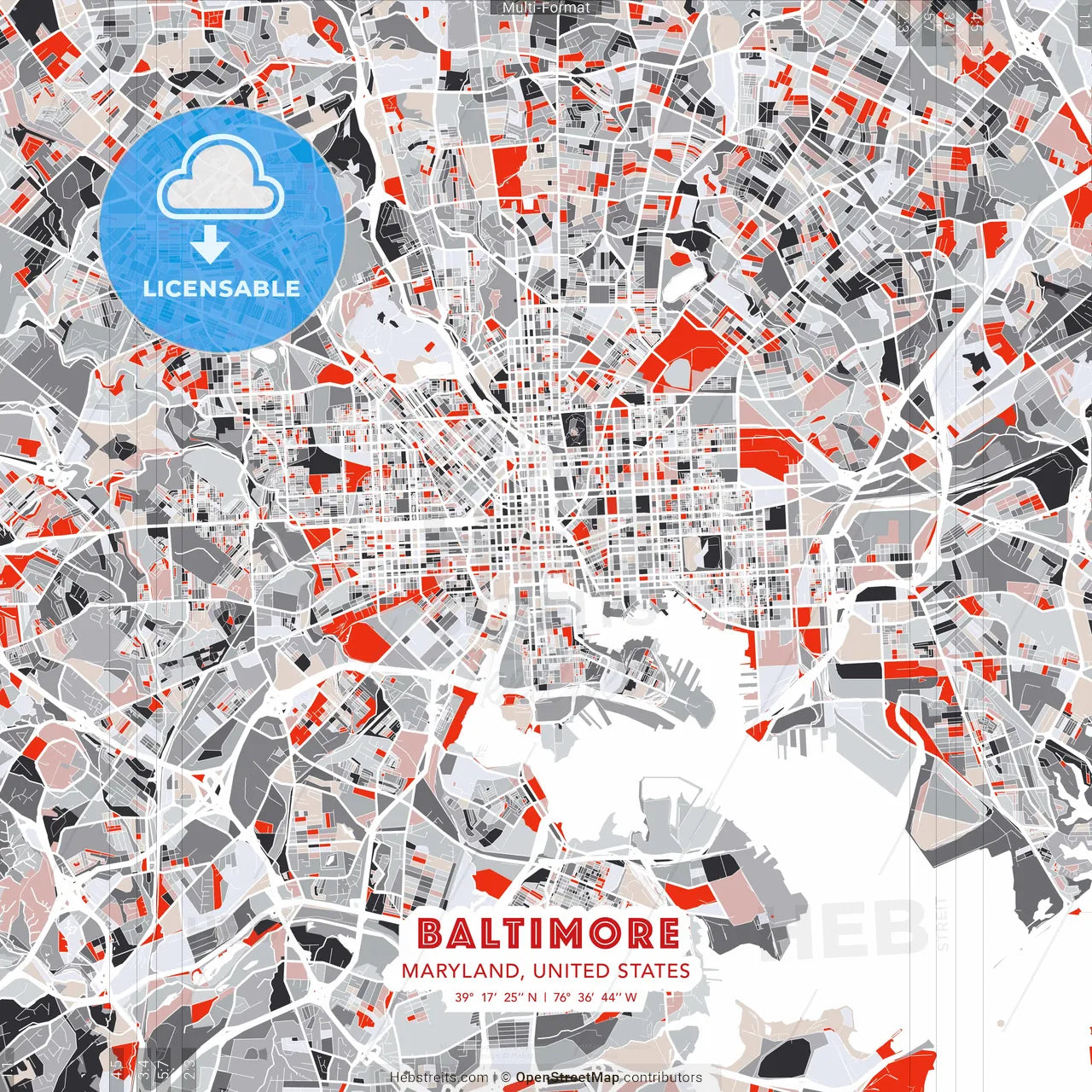 Baltimore, Maryland, United States - modern street map poster template with gray and red tones
