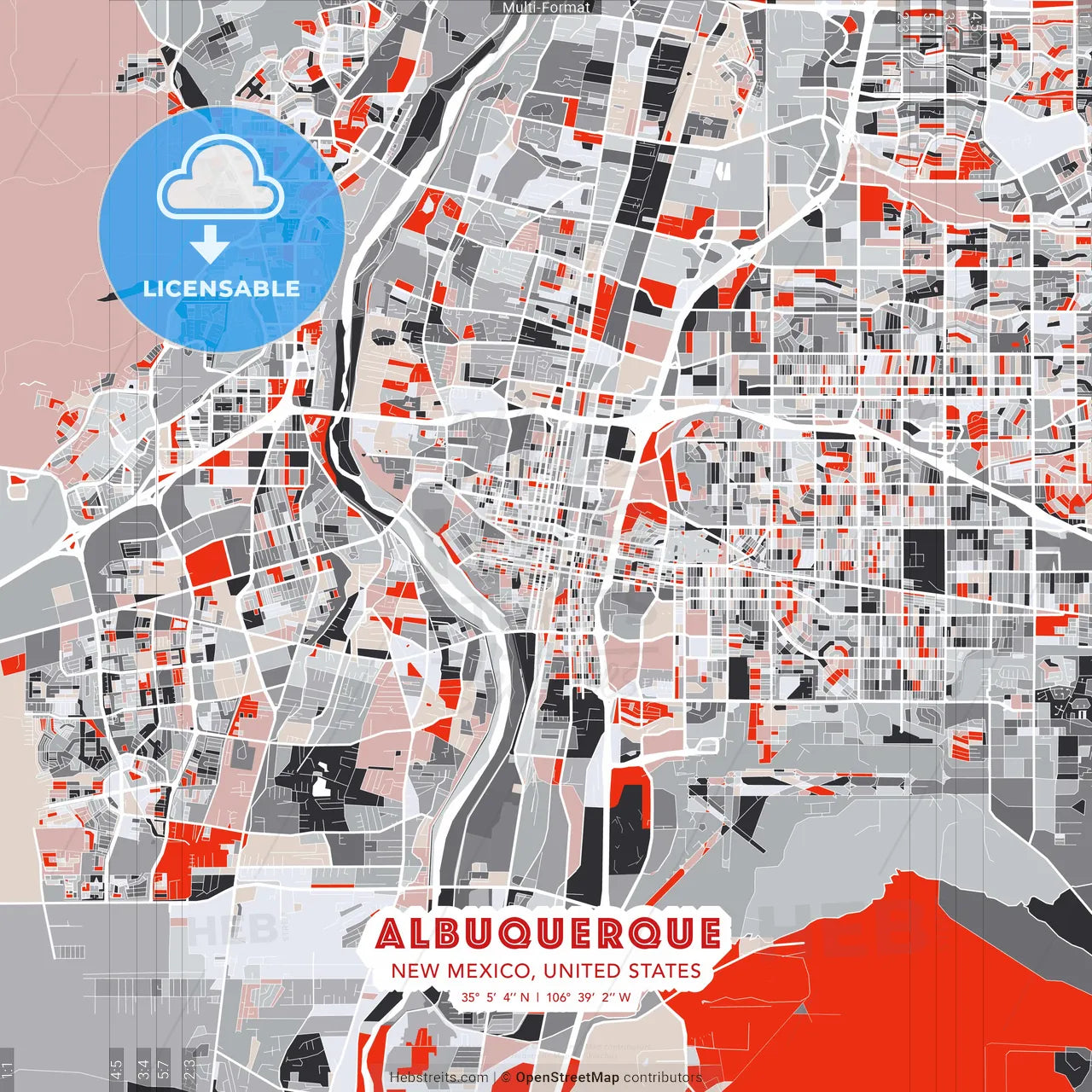 Albuquerque, New Mexico, United States - modern street map poster template with gray and red tones