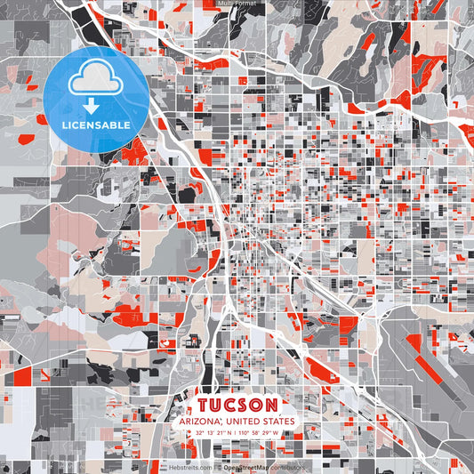 Tucson, Arizona, United States - modern street map poster template with gray and red tones