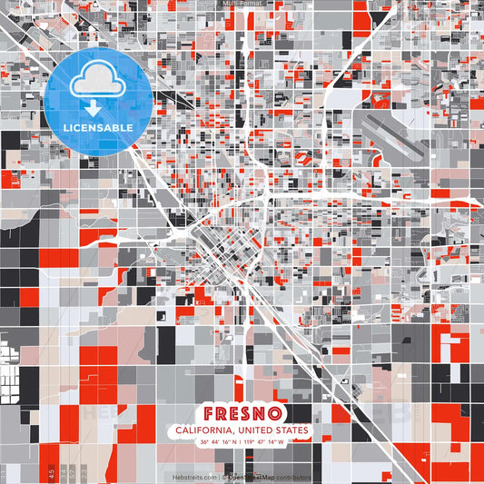 Fresno, California, United States - modern street map poster template with gray and red tones