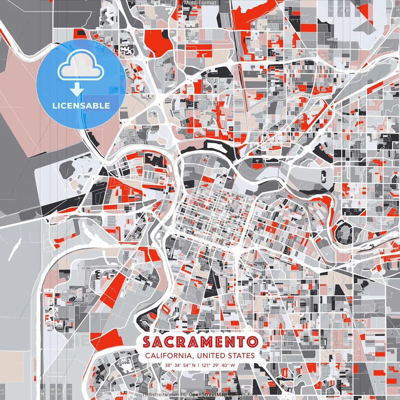Sacramento, California, United States - modern street map poster template with gray and red tones
