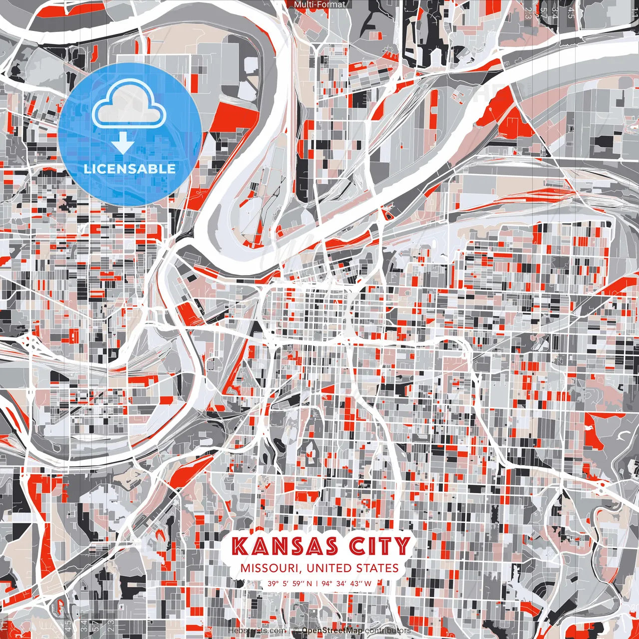 Kansas City, Missouri, United States - modern street map poster template with gray and red tones