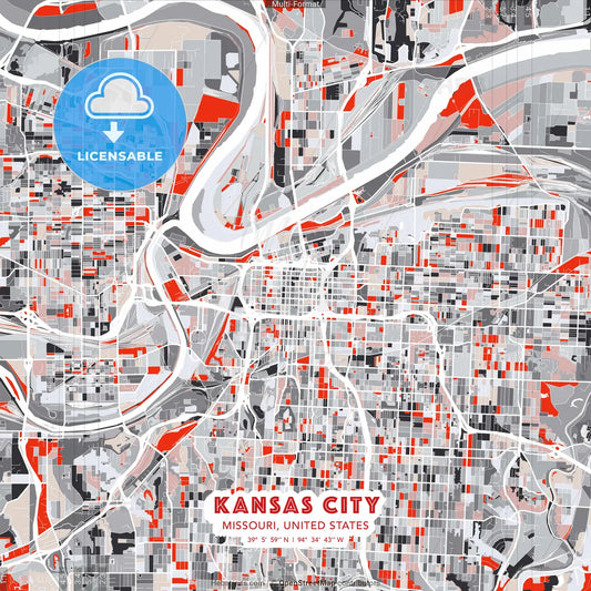 Kansas City, Missouri, United States - modern street map poster template with gray and red tones