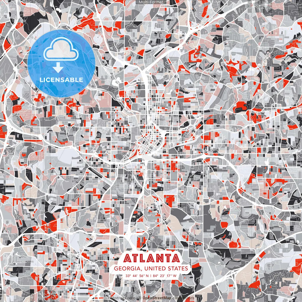 Atlanta, Georgia, United States - modern street map poster template with gray and red tones