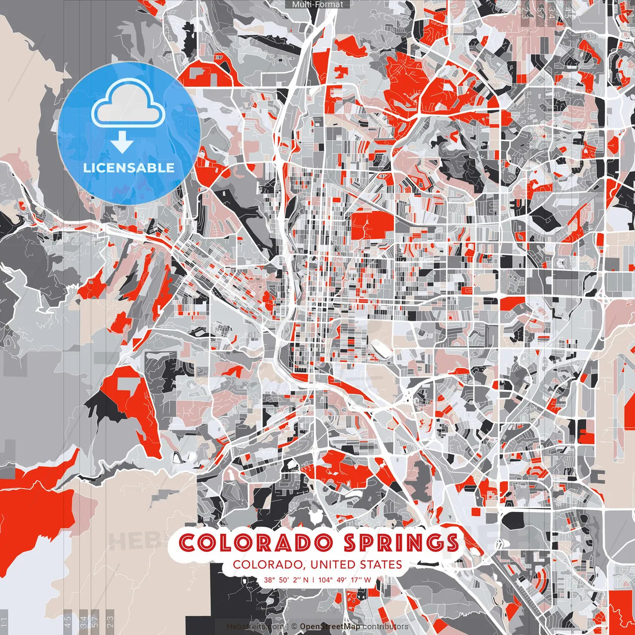 Colorado Springs, Colorado, United States - modern street map poster template with gray and red tones