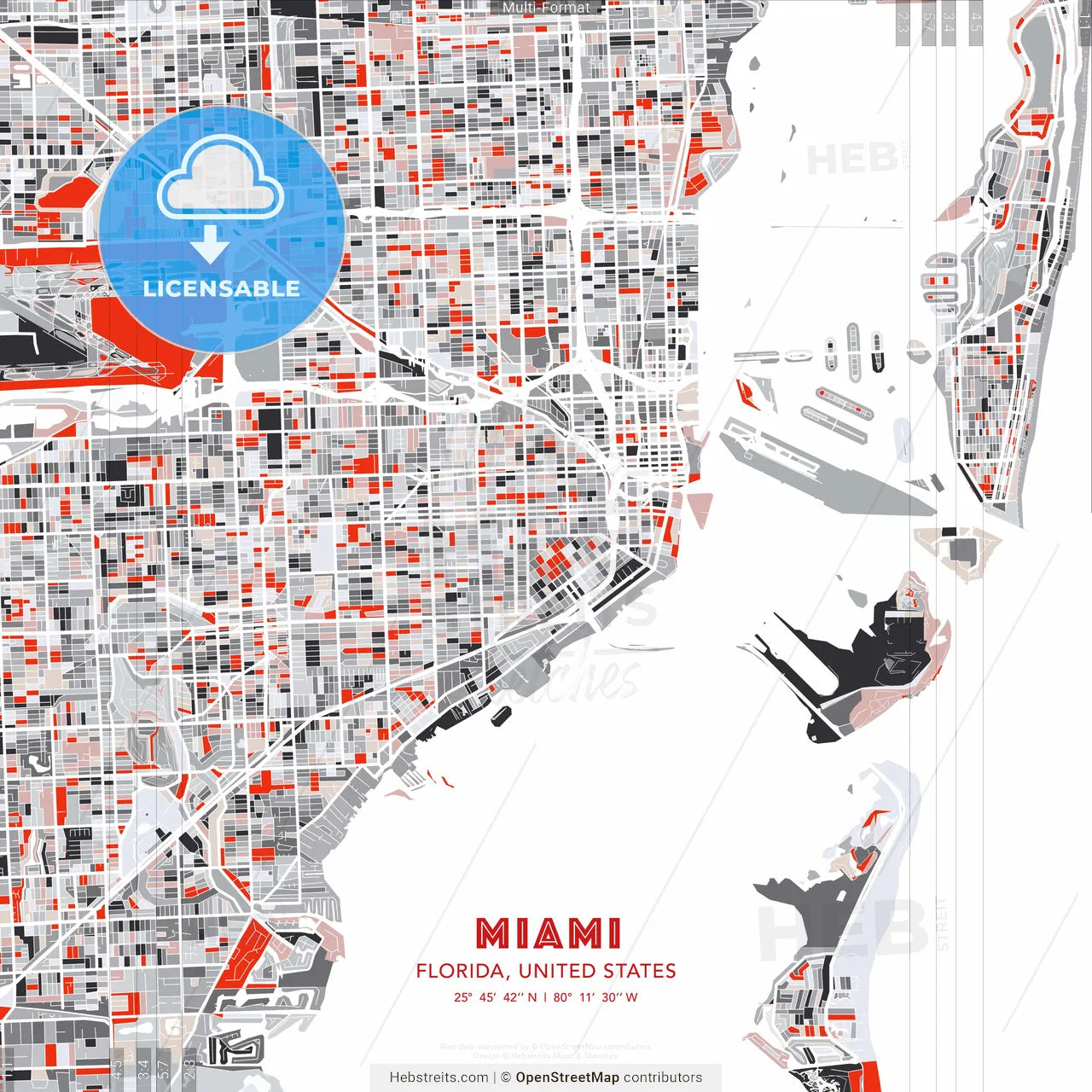 Miami, Florida, United States - modern street map poster template with gray and red tones