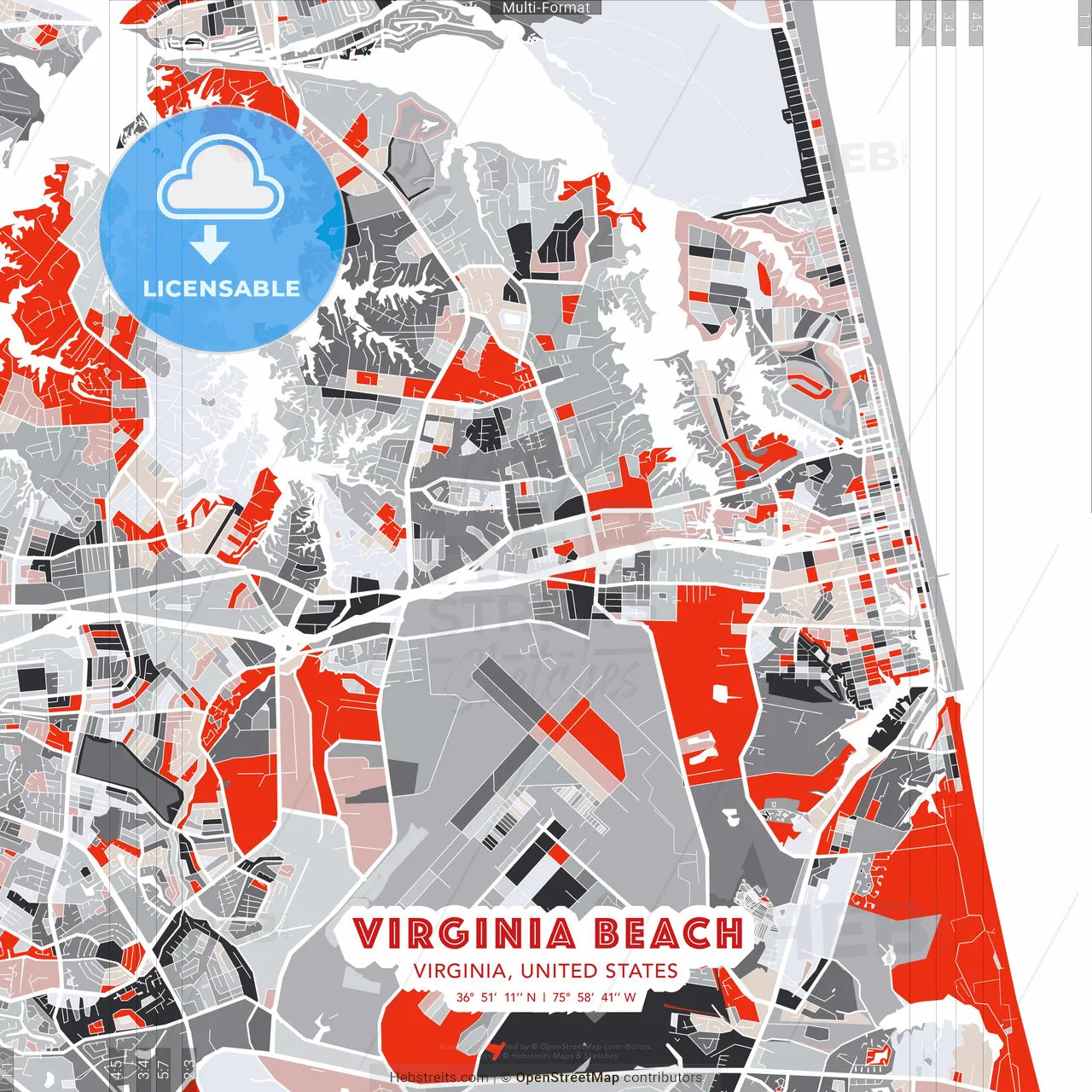 Virginia Beach, Virginia, United States - modern street map poster template with gray and red tones