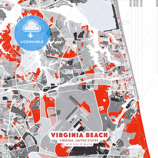 Virginia Beach, Virginia, United States - modern street map poster template with gray and red tones