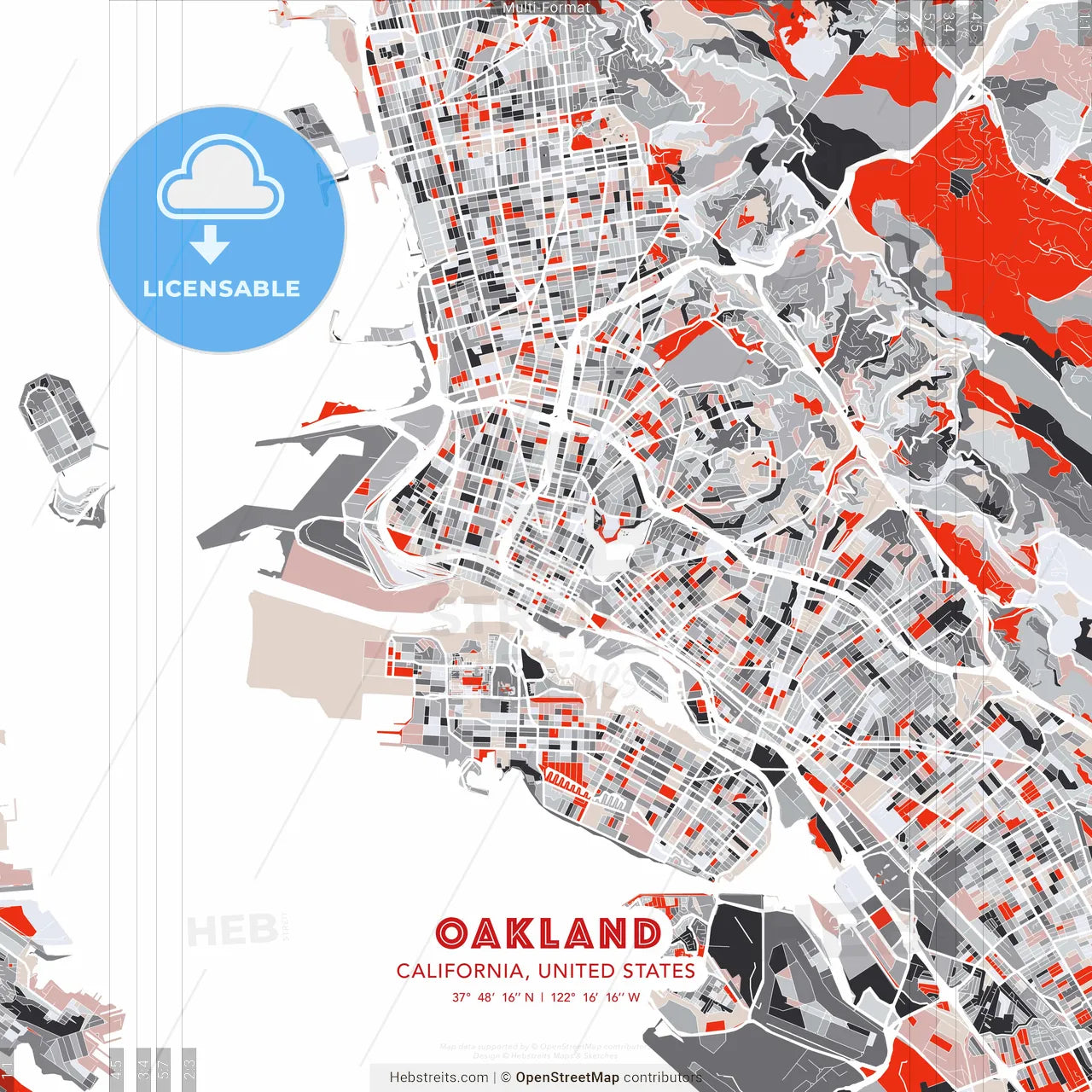 Oakland, California, United States - modern street map poster template with gray and red tones