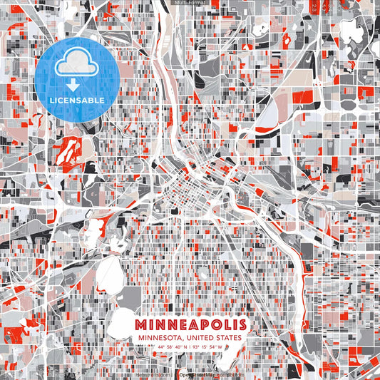 Minneapolis, Minnesota, United States - modern street map poster template with gray and red tones