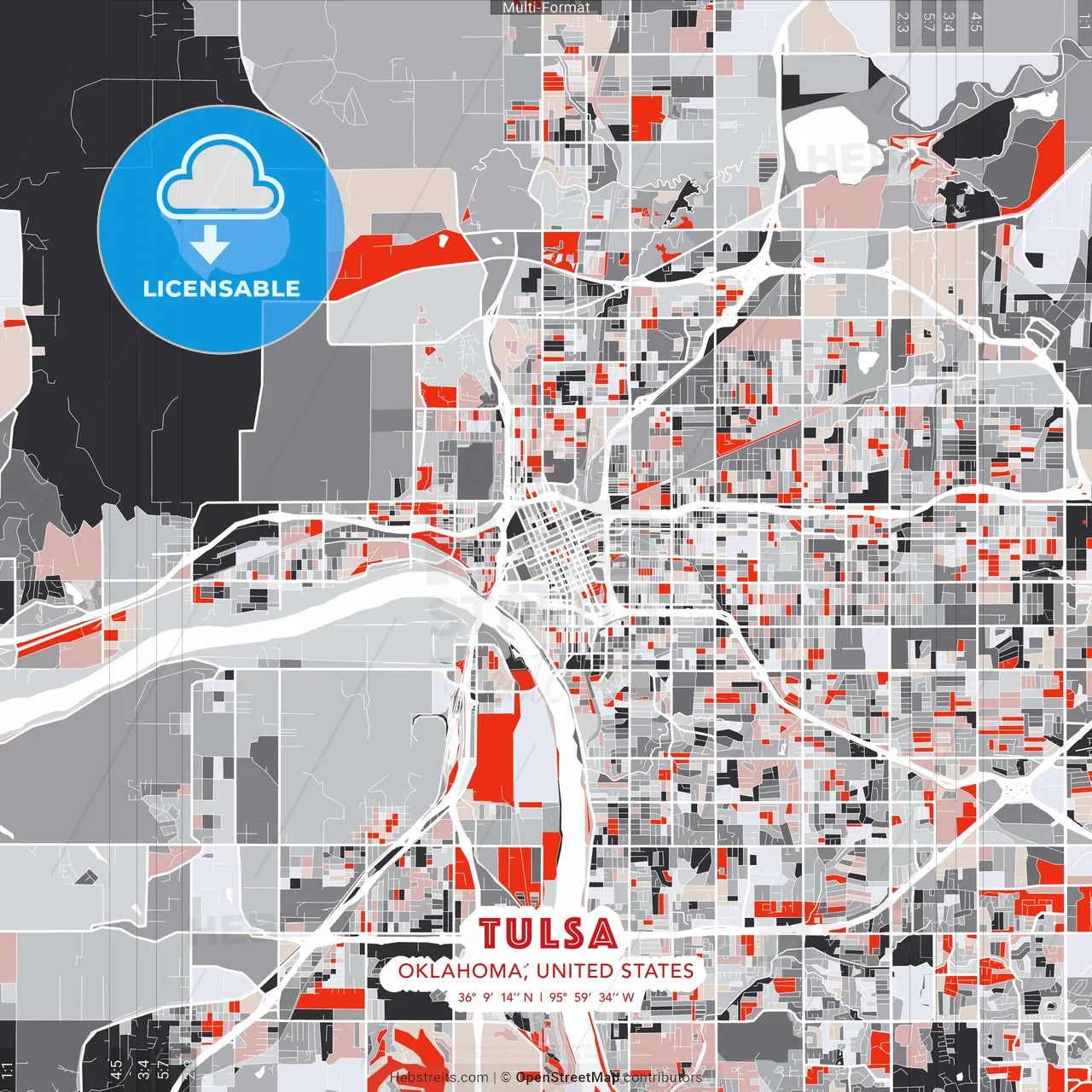 Tulsa, Oklahoma, United States - modern street map poster template with gray and red tones
