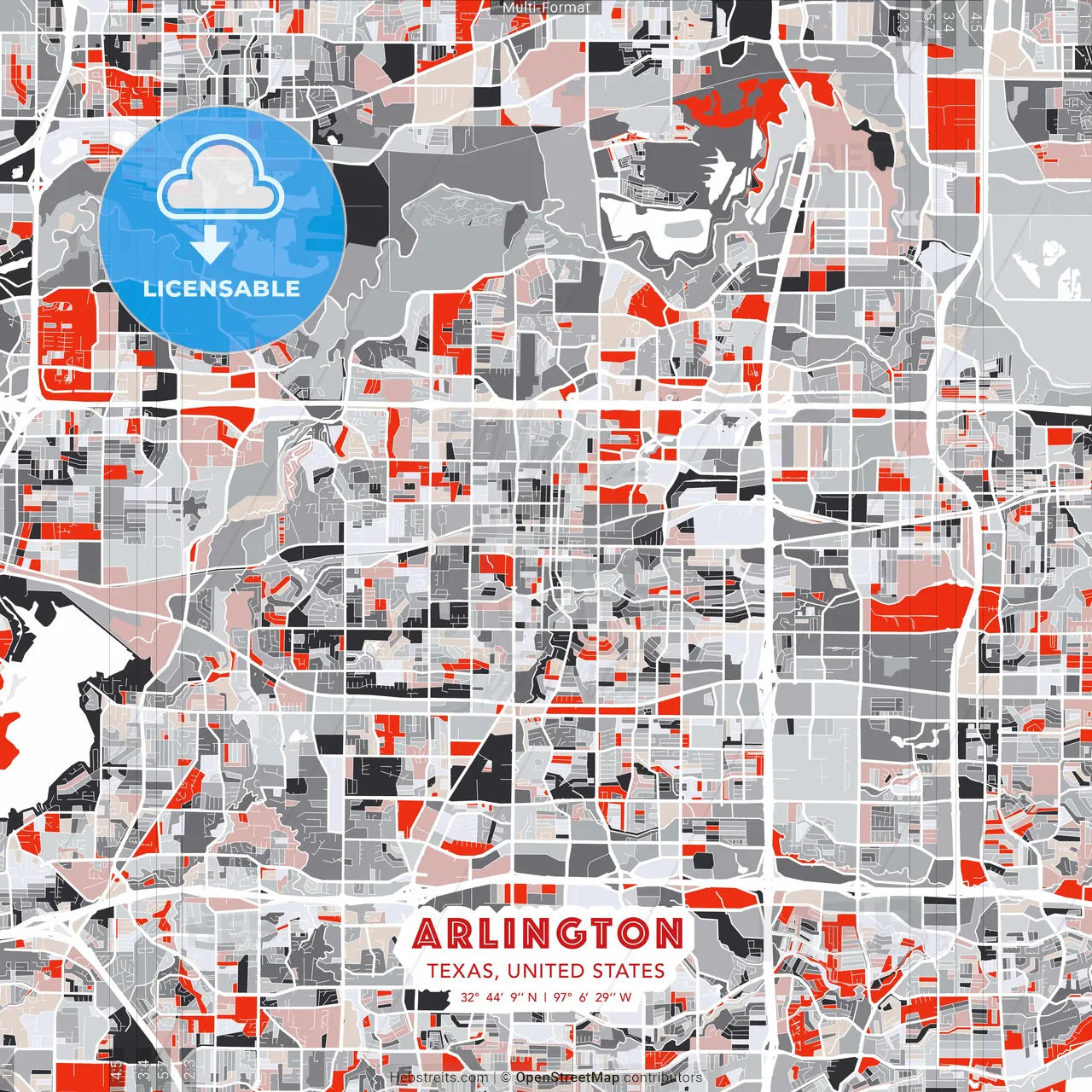 Arlington, Texas, United States - modern street map poster template with gray and red tones