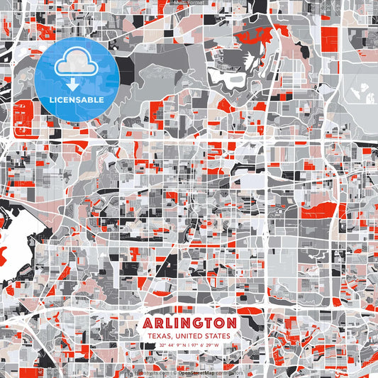 Arlington, Texas, United States - modern street map poster template with gray and red tones