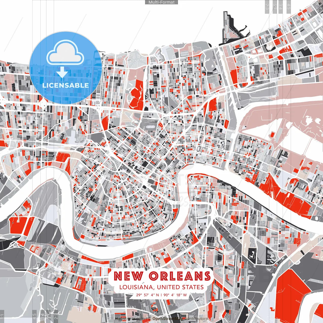 New Orleans, Louisiana, United States - modern street map poster template with gray and red tones