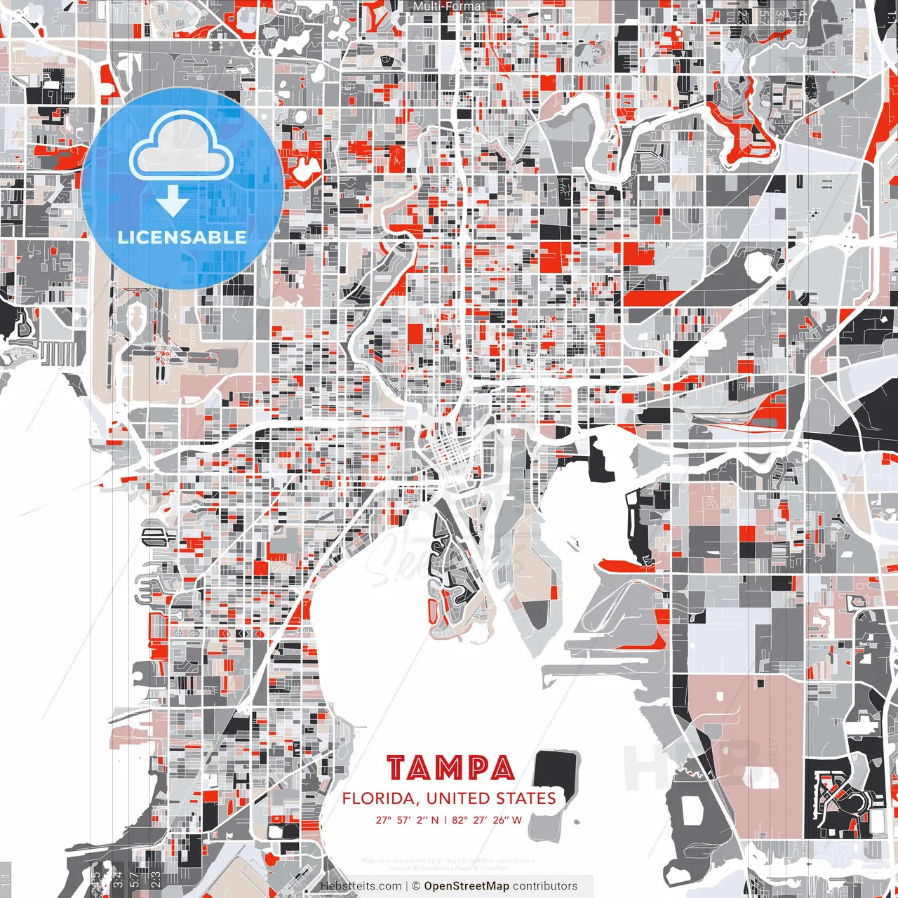 Tampa, Florida, United States - modern street map poster template with gray and red tones