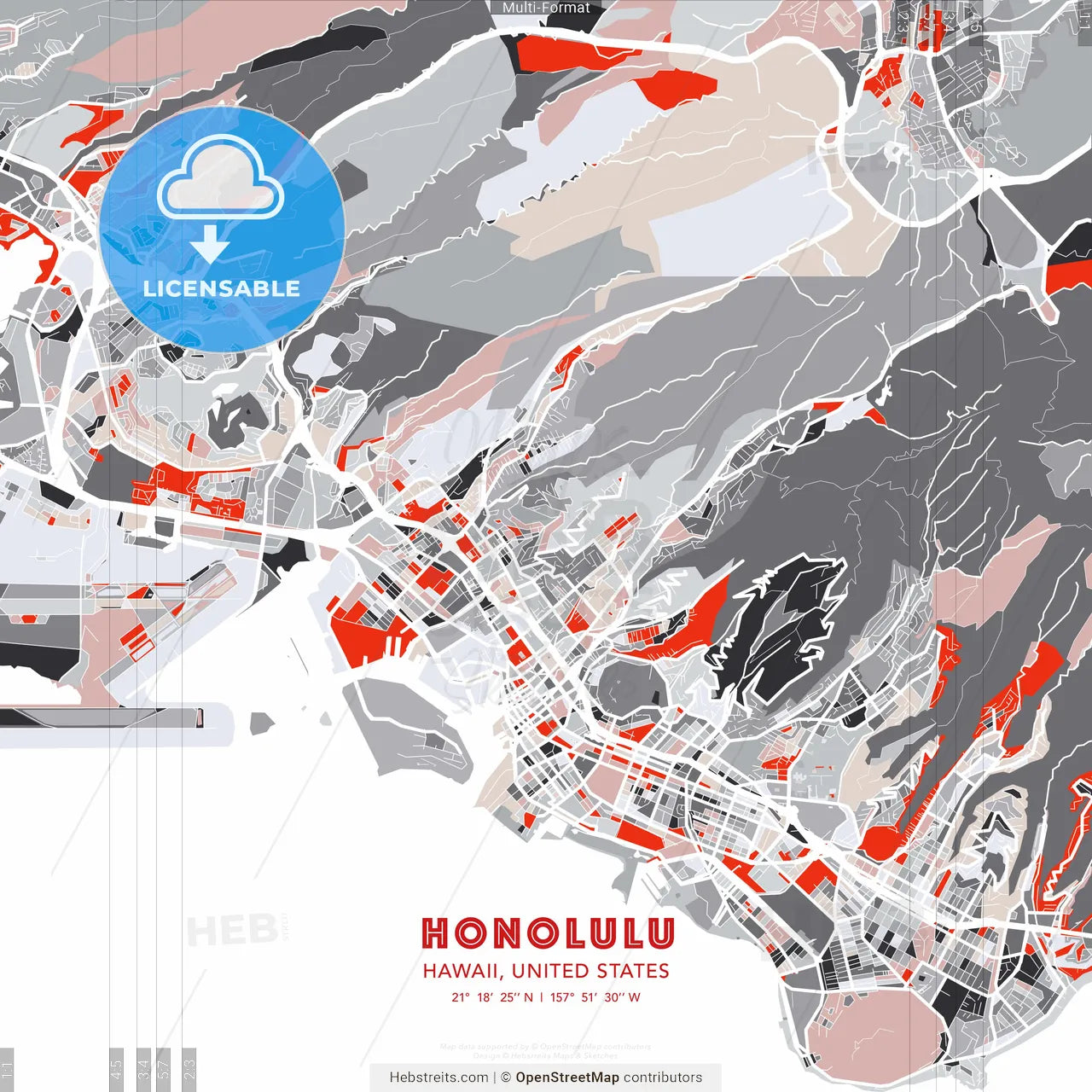 Honolulu, Hawaii, United States - modern street map poster template with gray and red tones