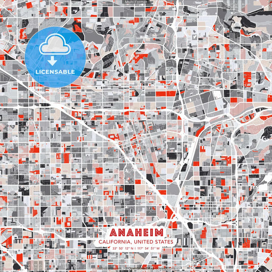 Anaheim, California, United States - modern street map poster template with gray and red tones