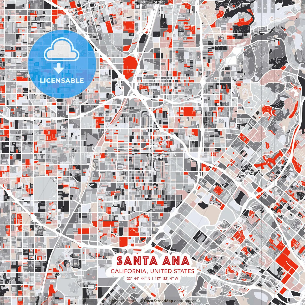 Santa Ana, California, United States - modern street map poster template with gray and red tones