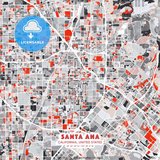 Santa Ana, California, United States - modern street map poster template with gray and red tones