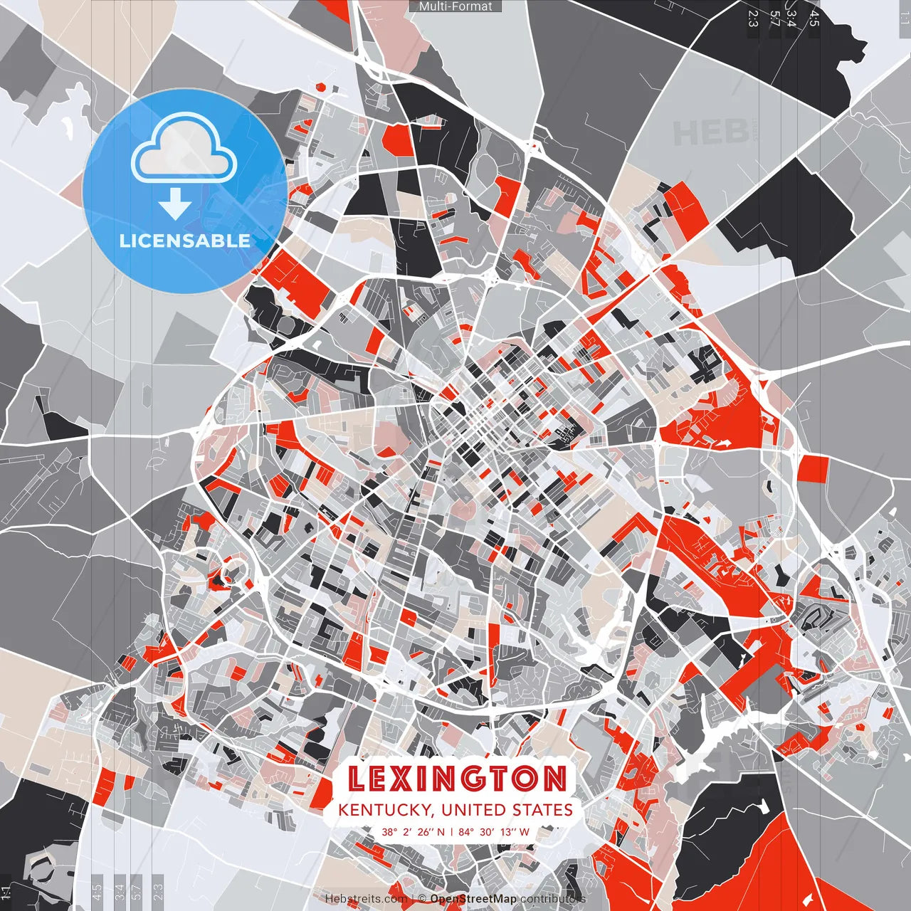 Lexington, Kentucky, United States - modern street map poster template with gray and red tones