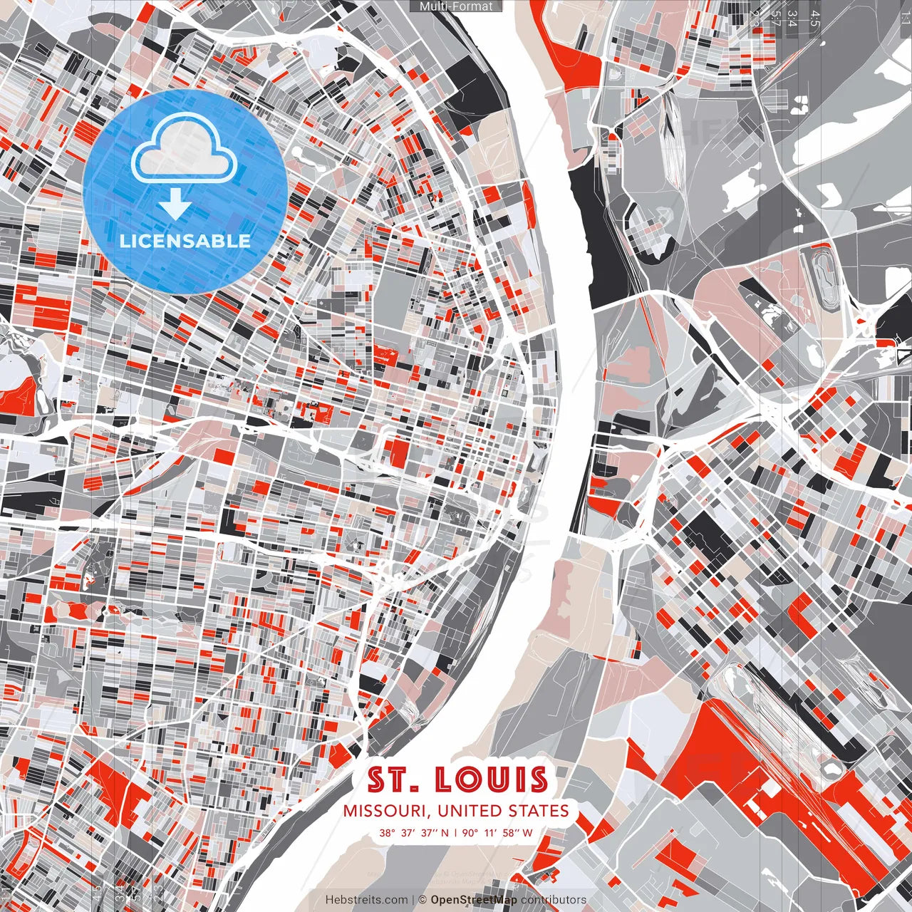 St. Louis, Missouri, United States - modern street map poster template with gray and red tones
