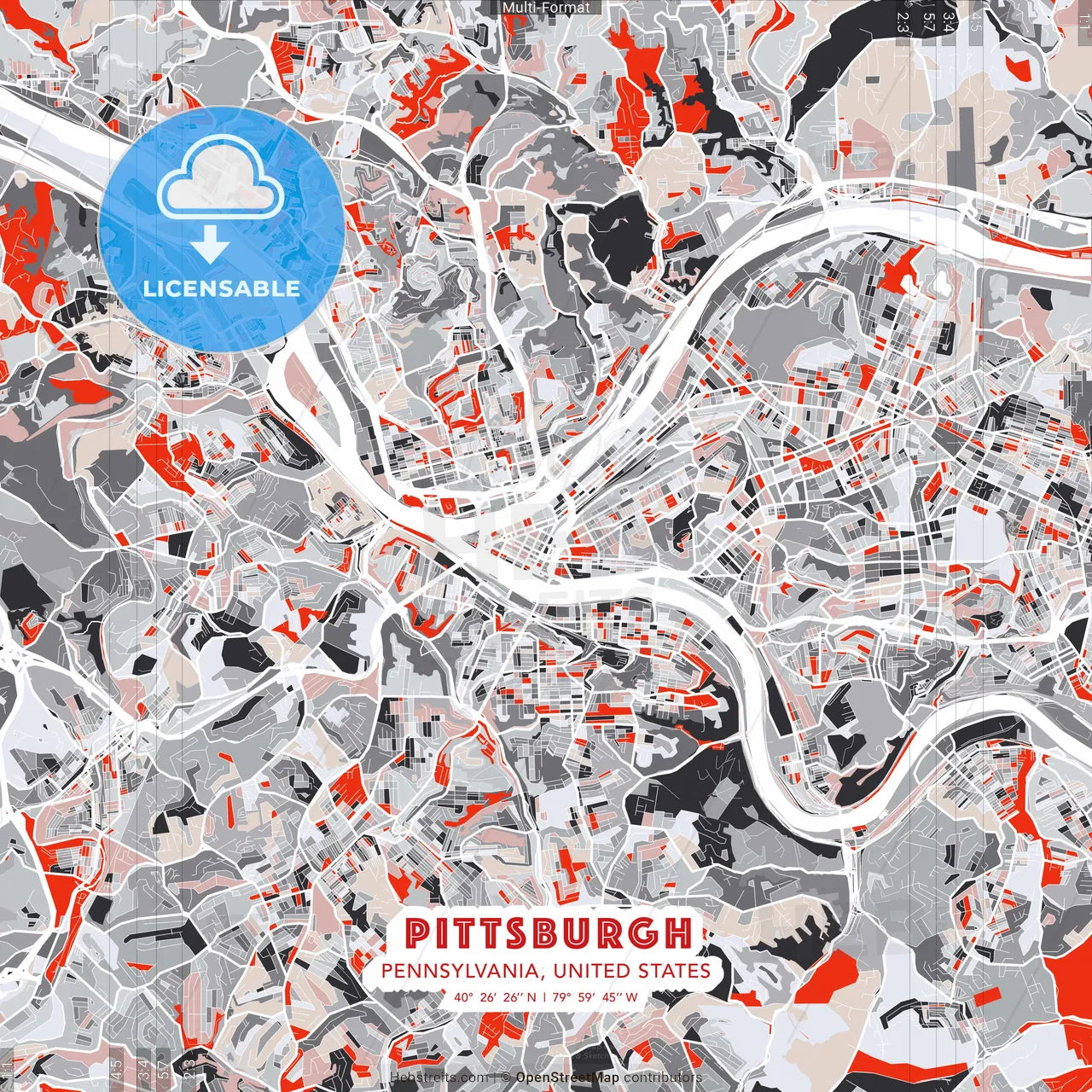 Pittsburgh, Pennsylvania, United States - modern street map poster template with gray and red tones