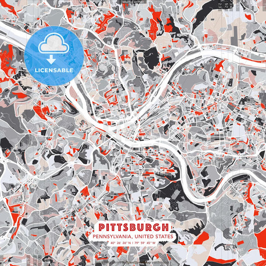 Pittsburgh, Pennsylvania, United States - modern street map poster template with gray and red tones