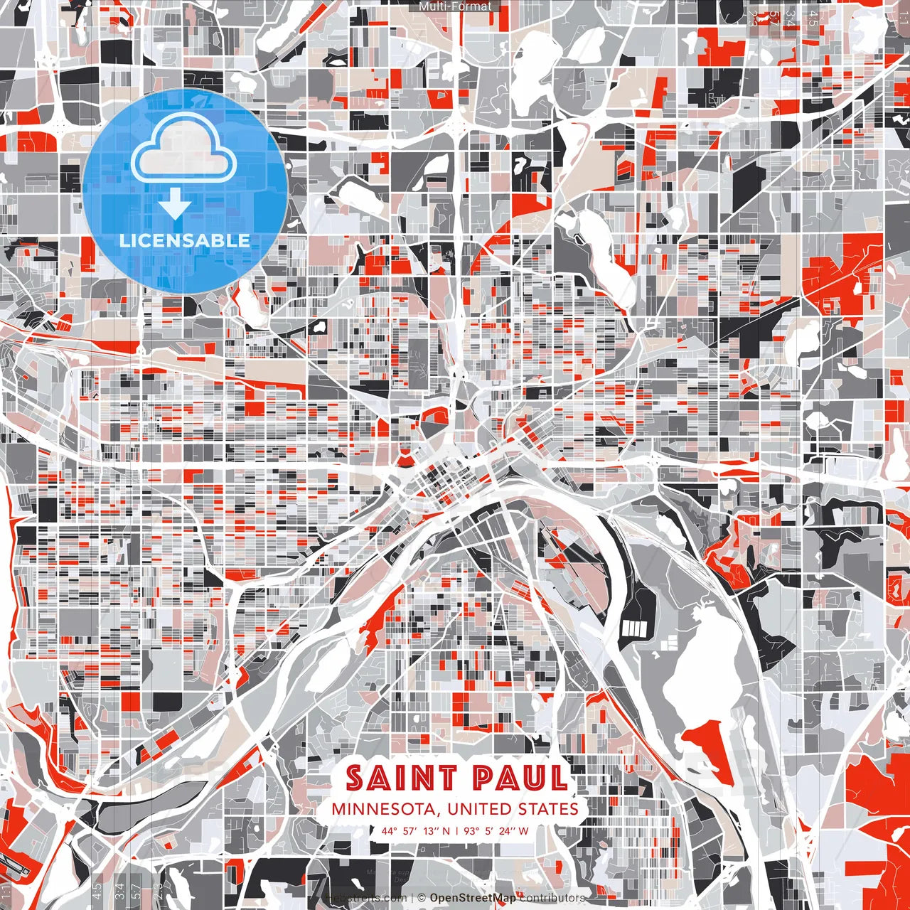 Saint Paul, Minnesota, United States - modern street map poster template with gray and red tones