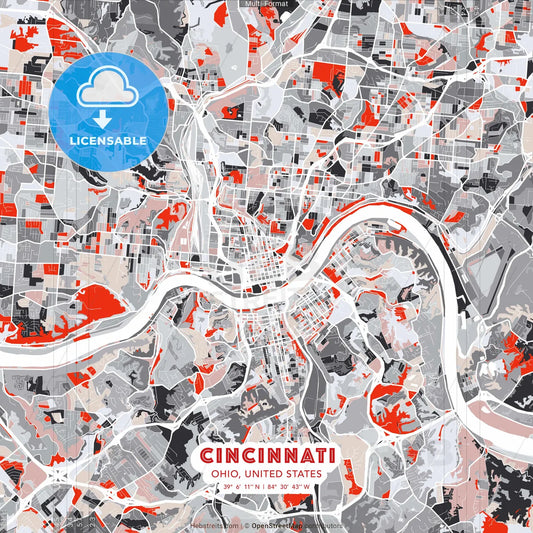 Cincinnati, Ohio, United States - modern street map poster template with gray and red tones