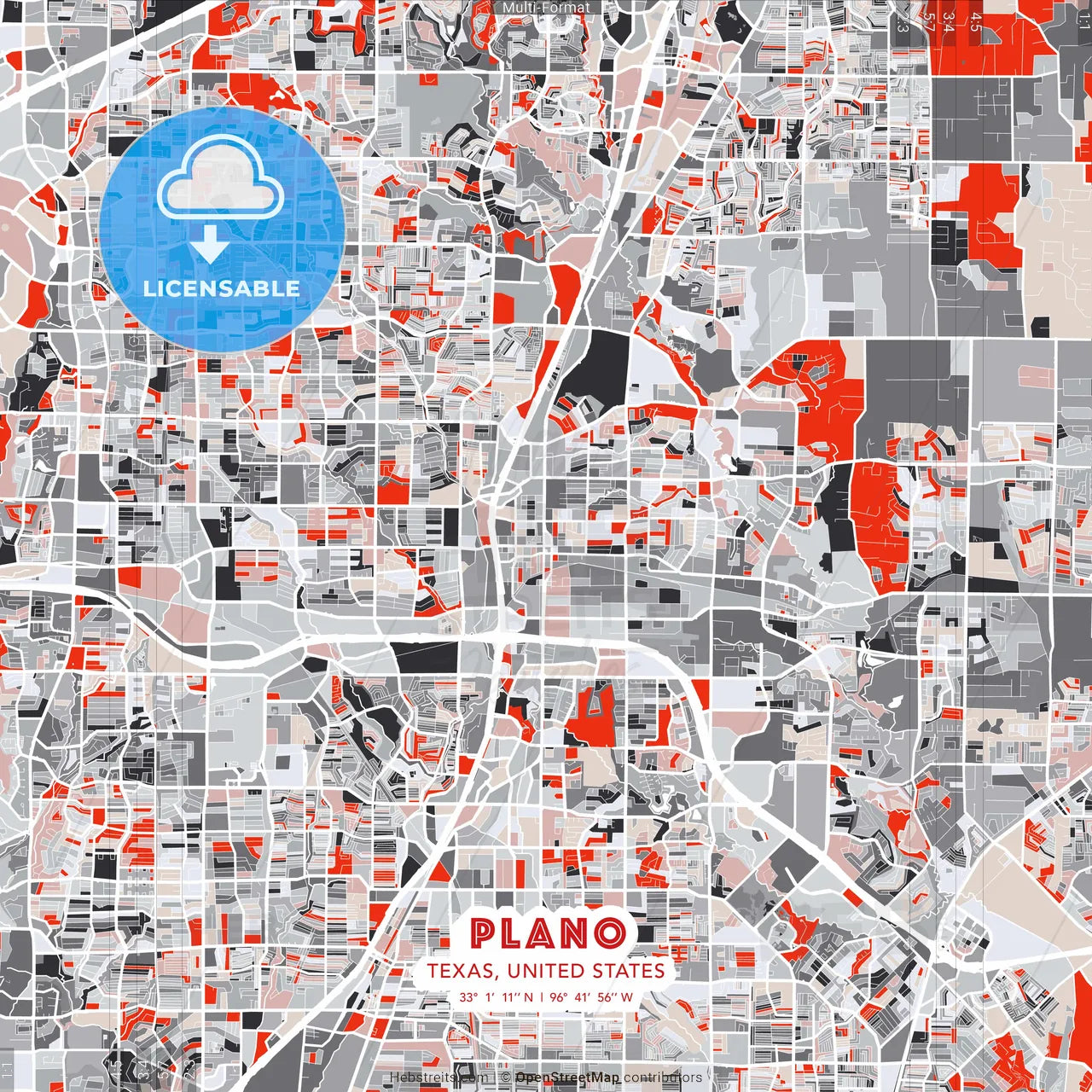Plano, Texas, United States - modern street map poster template with gray and red tones