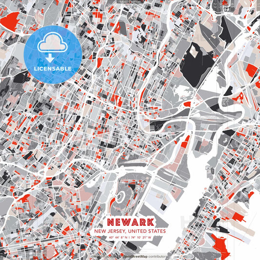 Newark, New Jersey, United States - modern street map poster template with gray and red tones