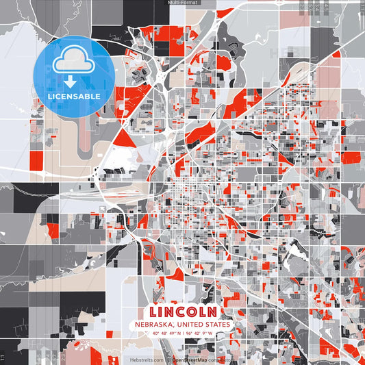 Lincoln, Nebraska, United States - modern street map poster template with gray and red tones