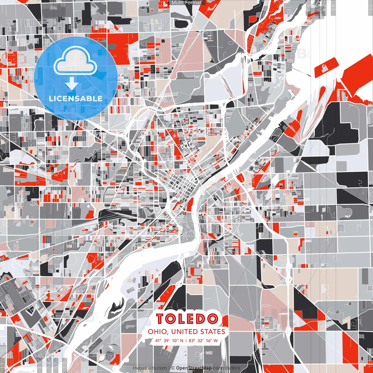 Toledo, Ohio, United States - modern street map poster template with gray and red tones