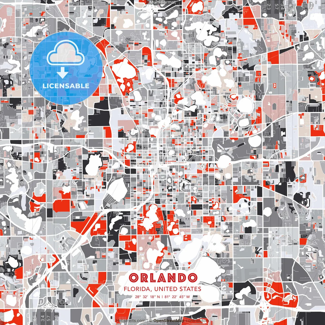 Orlando, Florida, United States - modern street map poster template with gray and red tones