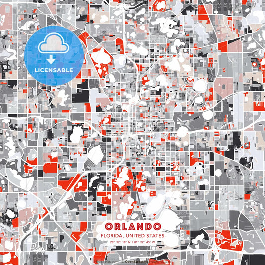 Orlando, Florida, United States - modern street map poster template with gray and red tones