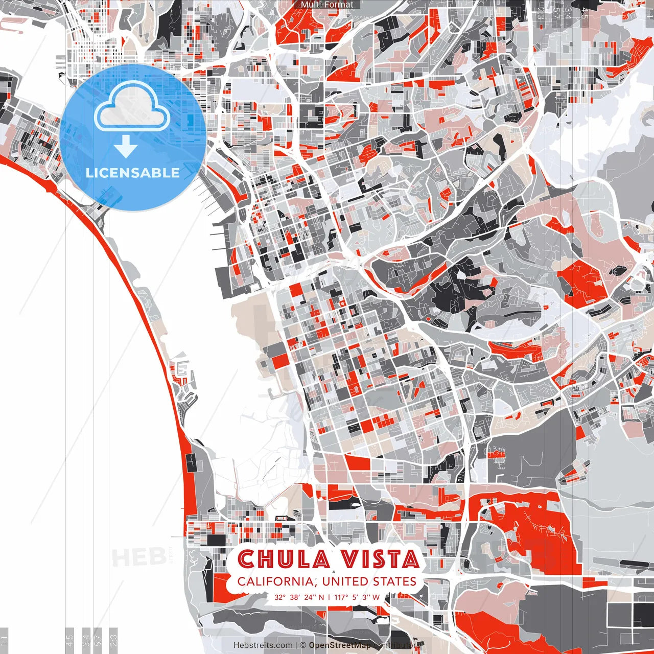 Chula Vista, California, United States - modern street map poster template with gray and red tones
