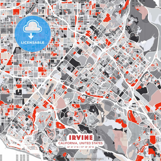 Irvine, California, United States - modern street map poster template with gray and red tones