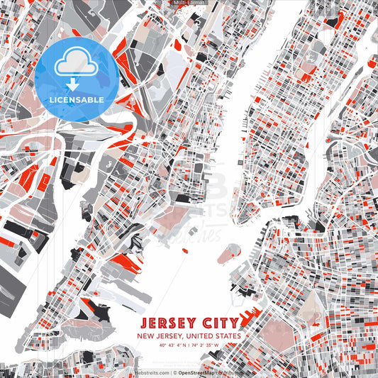 Jersey City, New Jersey, United States - modern street map poster template with gray and red tones