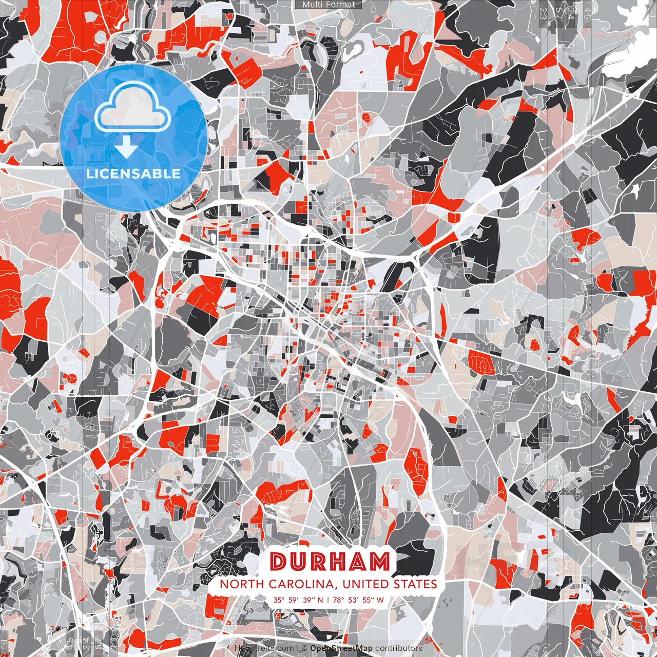Durham, North Carolina, United States - modern street map poster template with gray and red tones