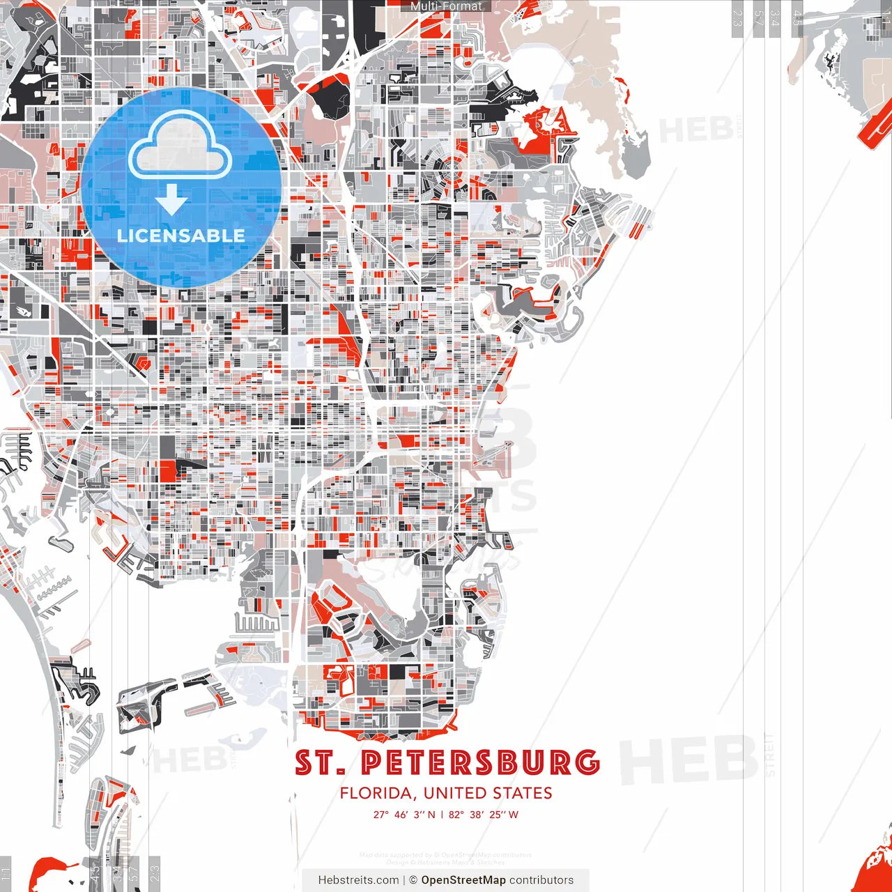 St. Petersburg, Florida, United States - modern street map poster template with gray and red tones