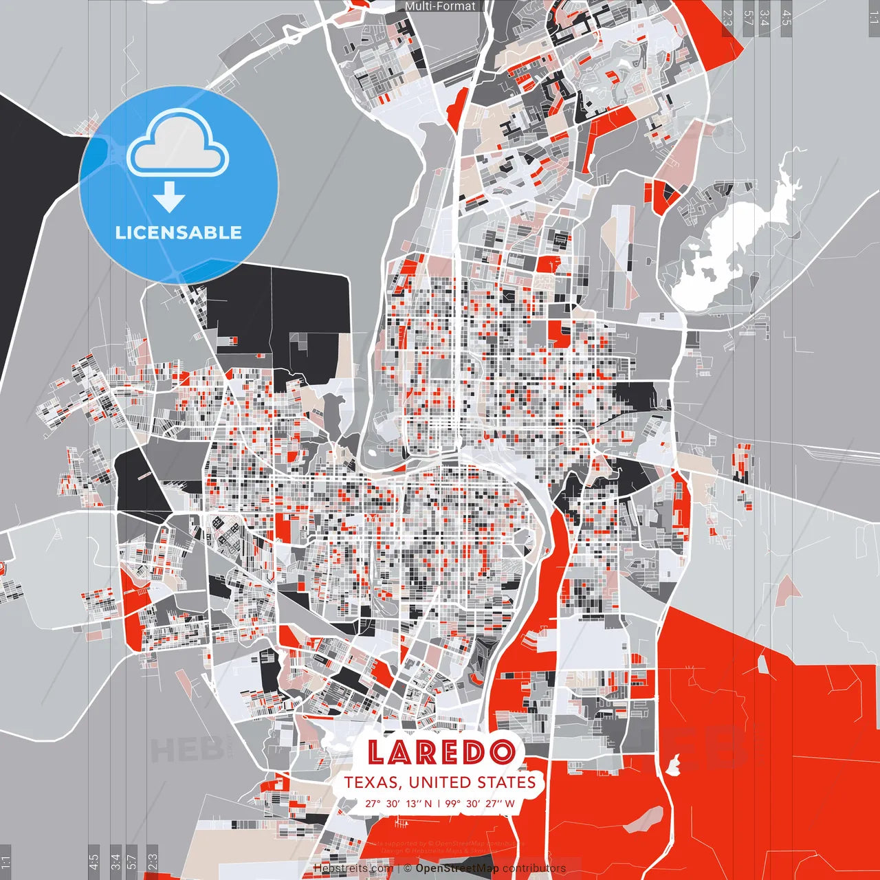 Laredo, Texas, United States - modern street map poster template with gray and red tones