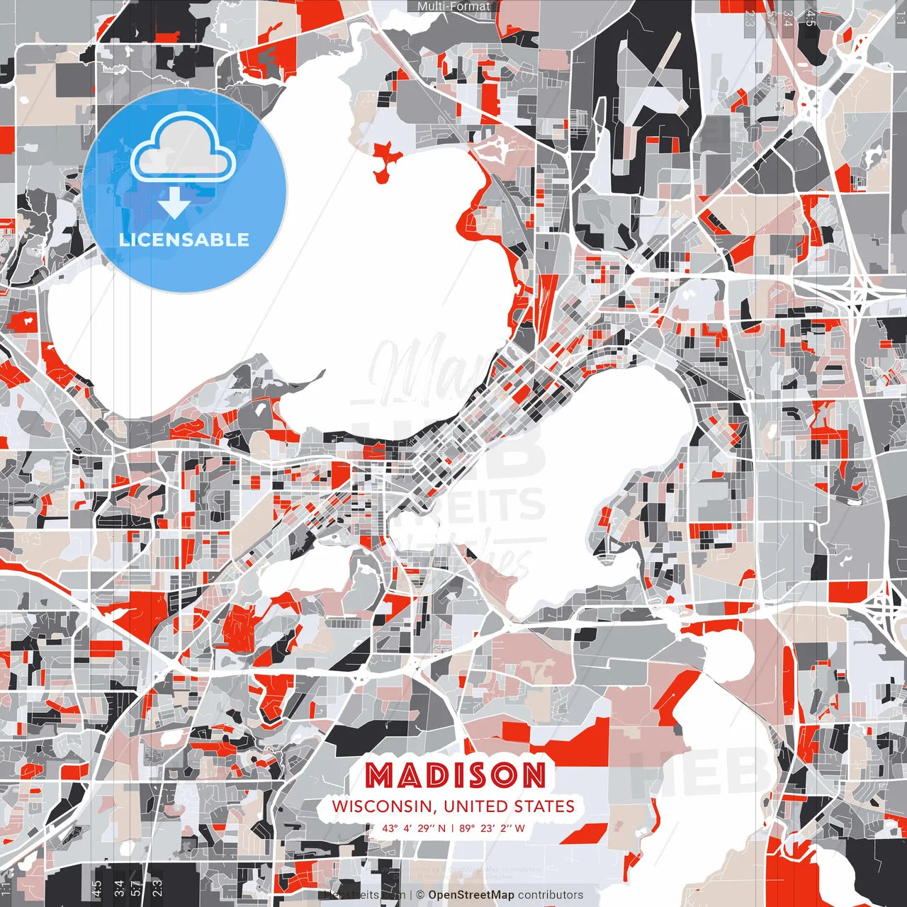Madison, Wisconsin, United States - modern street map poster template with gray and red tones