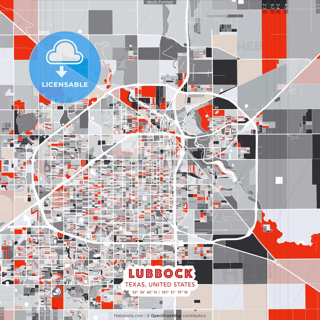 Lubbock, Texas, United States - modern street map poster template with gray and red tones